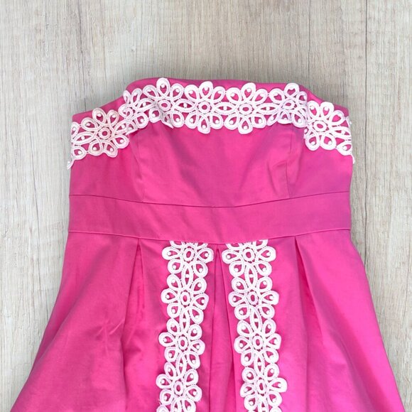 Lilly Pulitzer Betsey Strapless Dress Hibiscus Pink White Lace Trim Size 2 - Picture 2 of 4